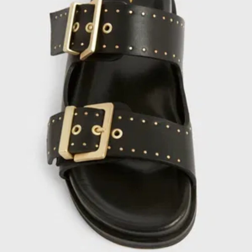 ($249) NEW ALLSAINTS Mae Leather Sandals in Black with gold hardware